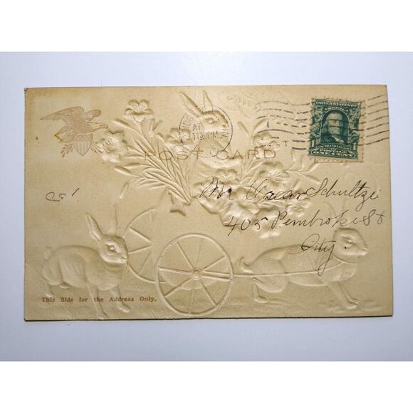 Easter Postcard Raised Image Rabbits Haul Egg Cart Buggy Fantasy 1908 Airbrushed - Picture 3 of 3